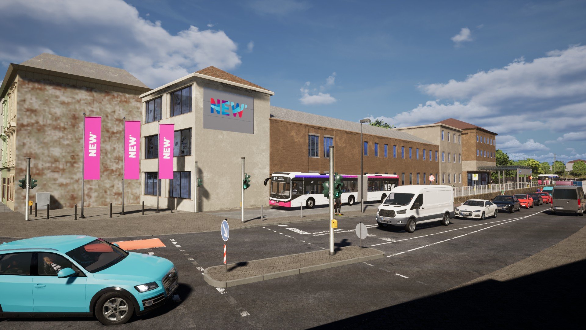 Gelenkbus vor dem NEW-Gebäude in Mönchengladbach
